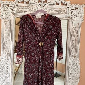 Vintage 90s Burgundy Poly Paisley Print Flower Accent Back Tie Maxi Dress Med